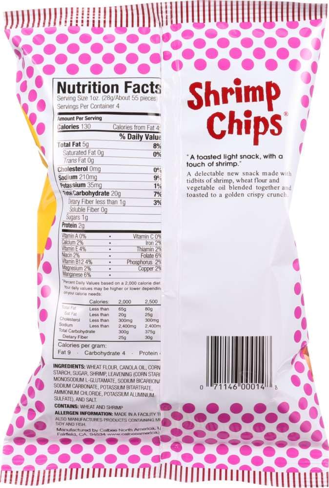 Calbee shrimp-flavored chips bag closeup, real shrimp flavor for on-the-go.