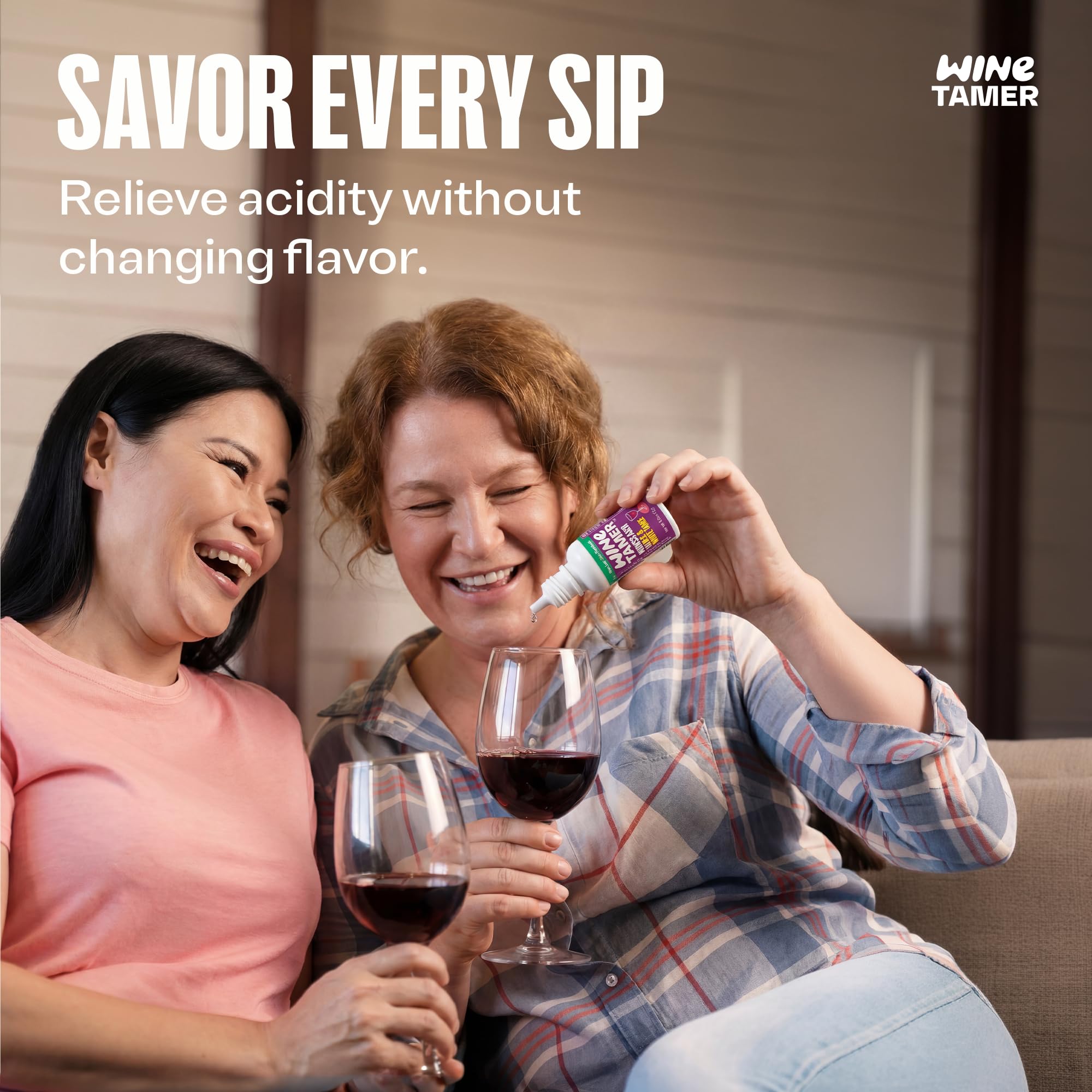 Close-up of CalciBlend Wine Tamer Drops bottle highlighting clean label