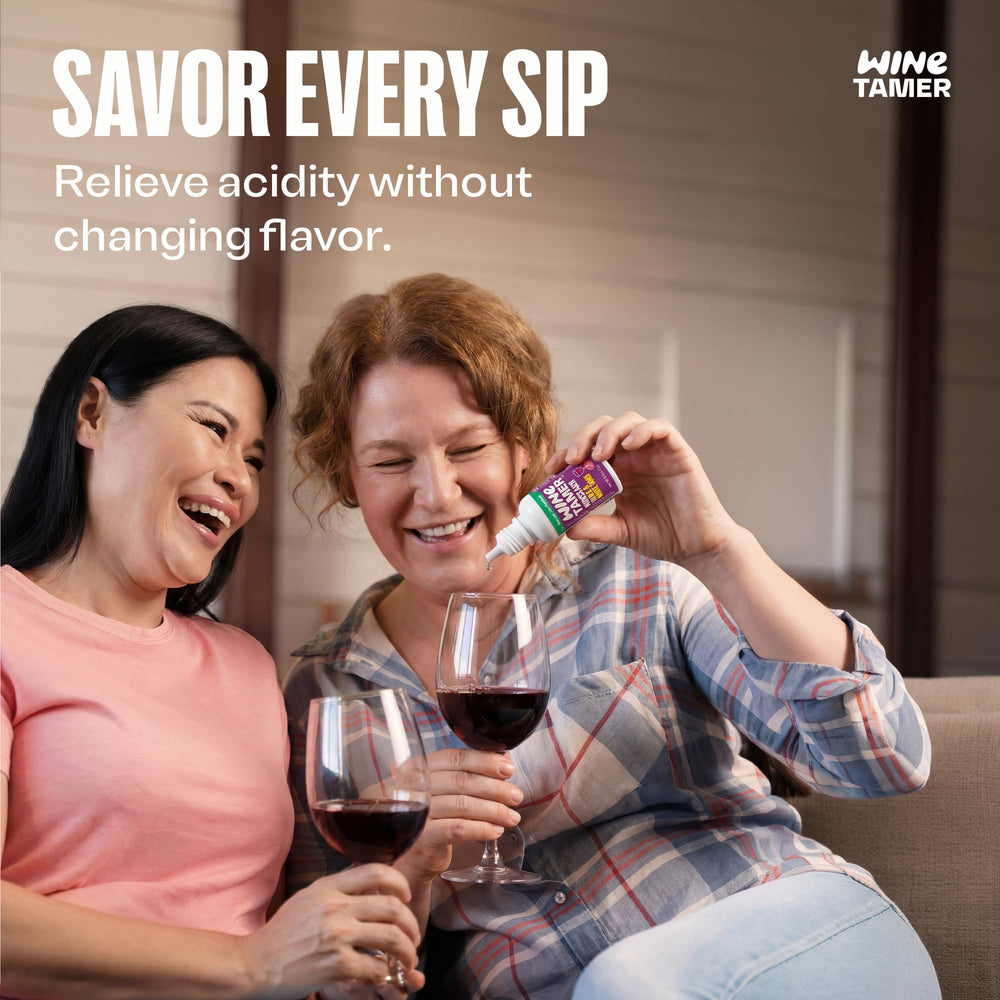Close-up of CalciBlend Wine Tamer Drops bottle highlighting clean label