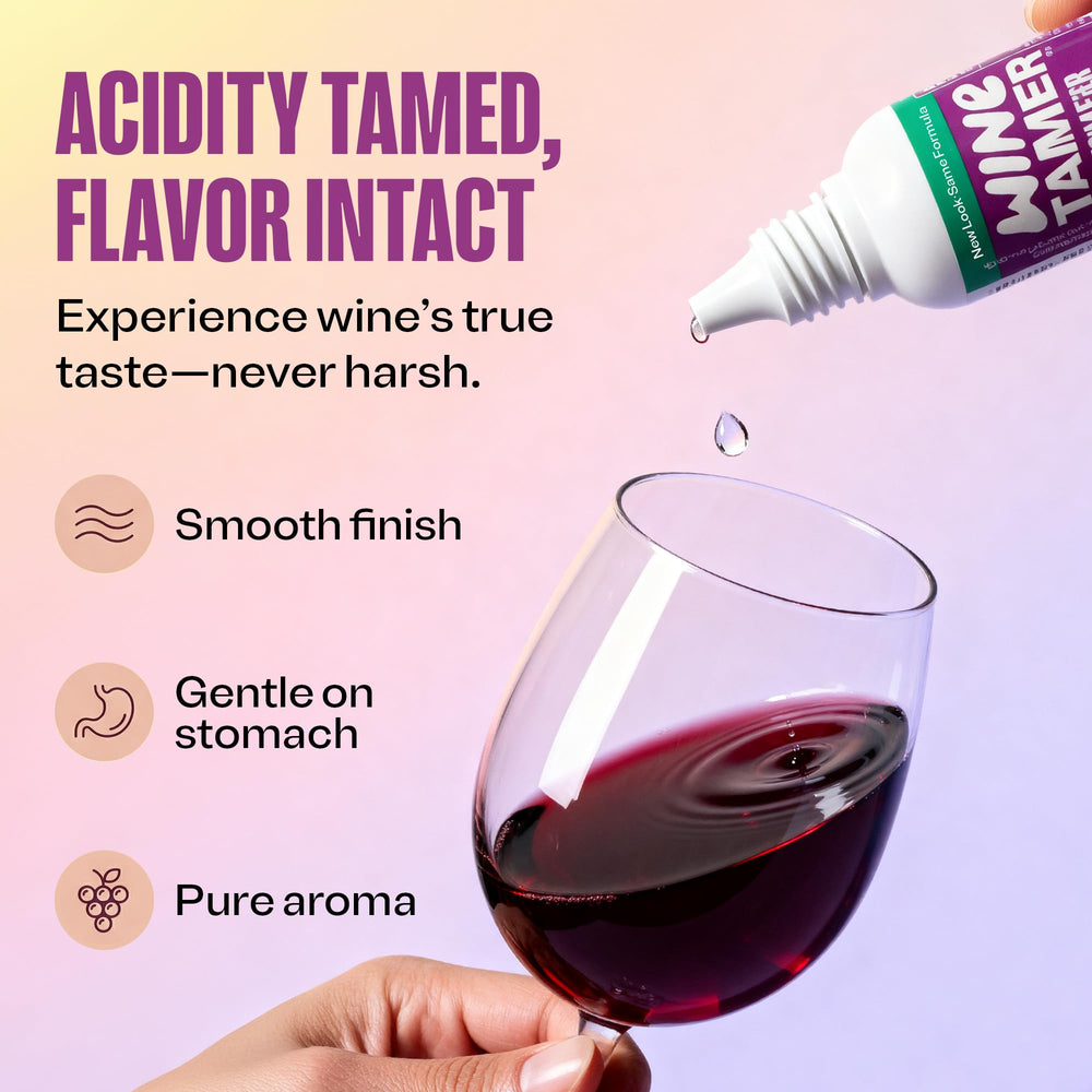 Dropper applying CalciBlend Wine Tamer Drops to a glass