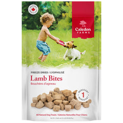 Caledon Farms Freeze Dried Bites front-pack image highlights 100% lamb liver, easy-to-digest for dogs.