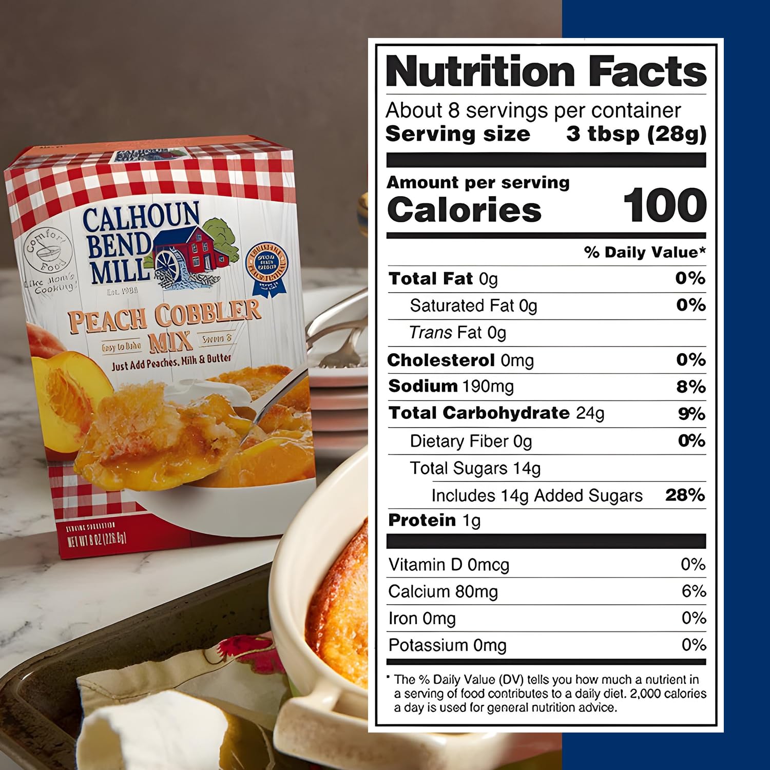 Calhoun Bend Mill Peach Cobbler Mix crust browning, golden topping that peaks with peach flavor.