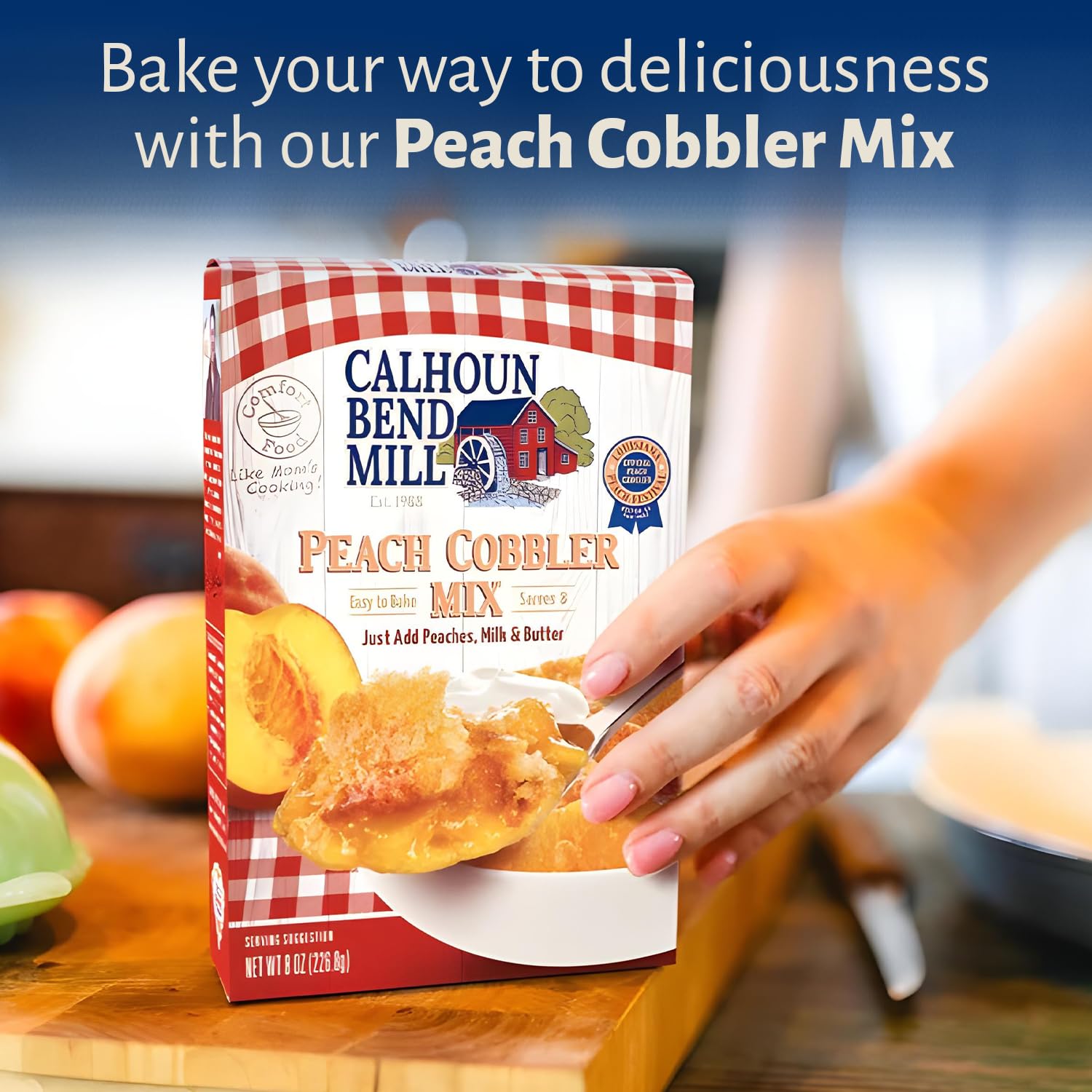 Calhoun Bend Mill Peach Cobbler Mix ingredients ready for a cozy, home-style bake.