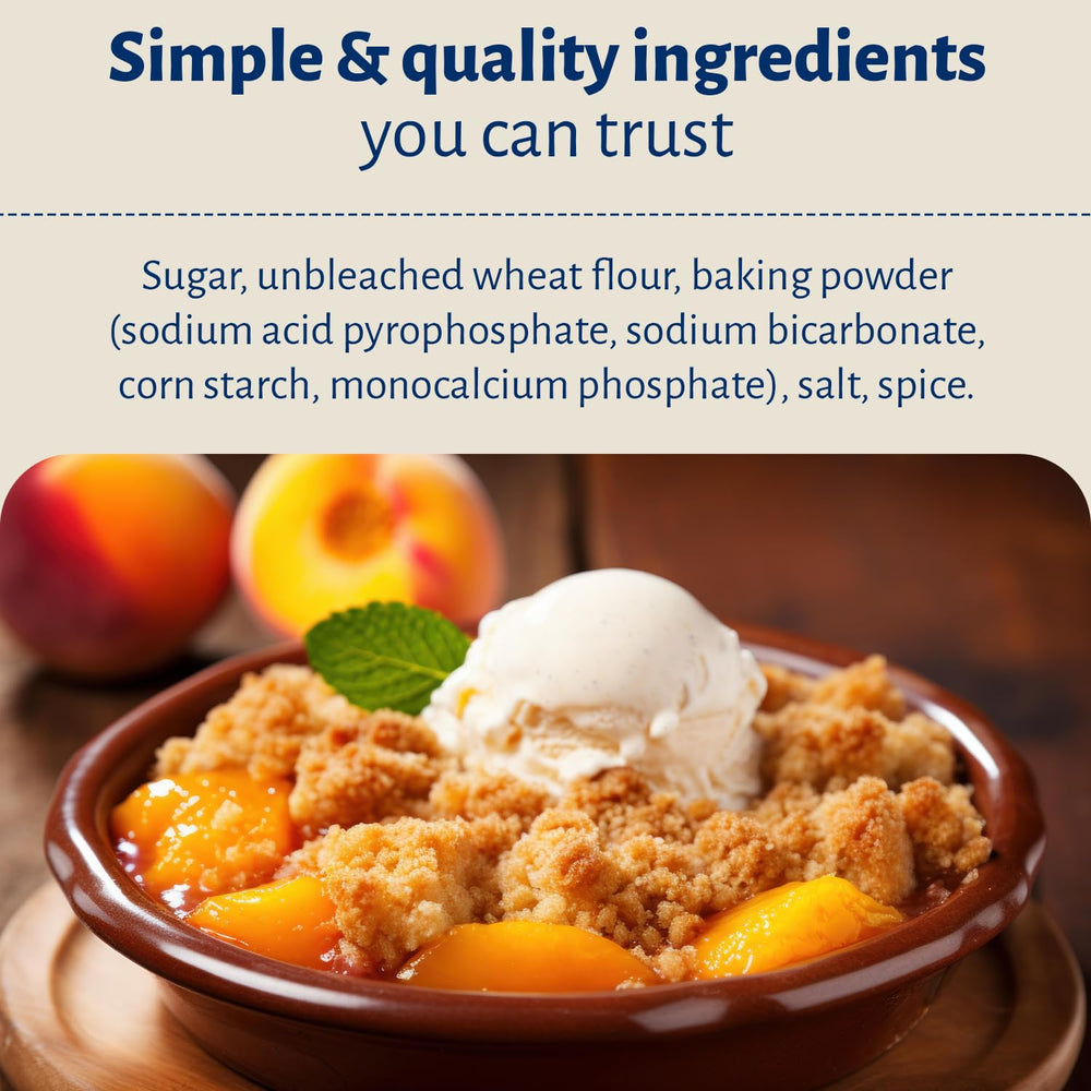 Calhoun Bend Mill Peach Cobbler Mix served warm with vanilla ice cream.