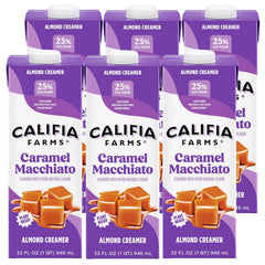 Califia Farms Caramel Macchiato Almond Milk Creamer bottle on kitchen counter, dairy-free indulgence