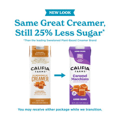 Close-up of Califia Farms almond milk creamer label with dairy-free notes