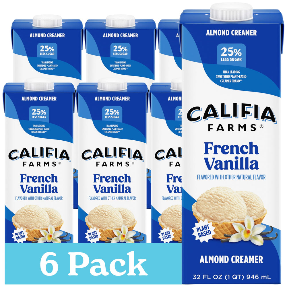 Califia Farms French Vanilla Almond Milk Creamer bottle adds rich, dairy-free flavor to coffee.