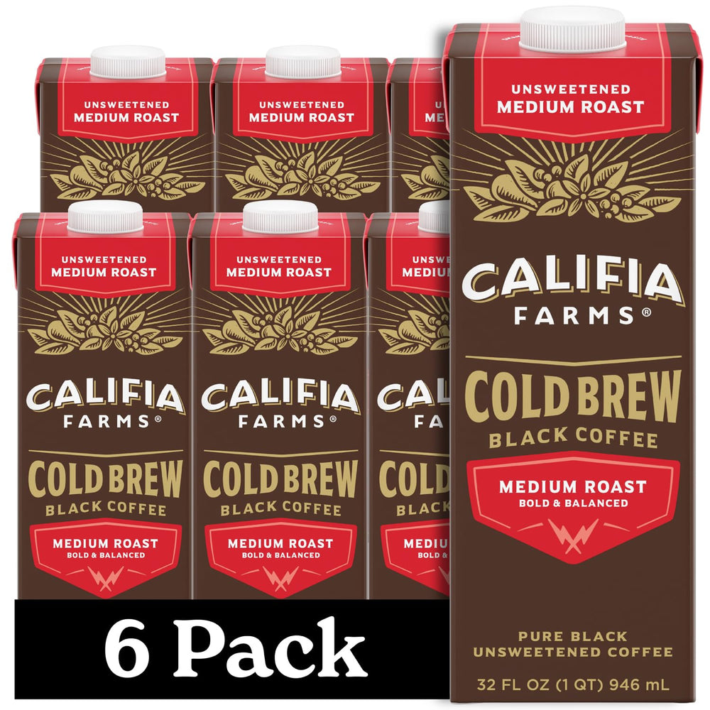 Califia Farms Pure Black Cold Brew bottle pours for a smooth unsweetened cup.