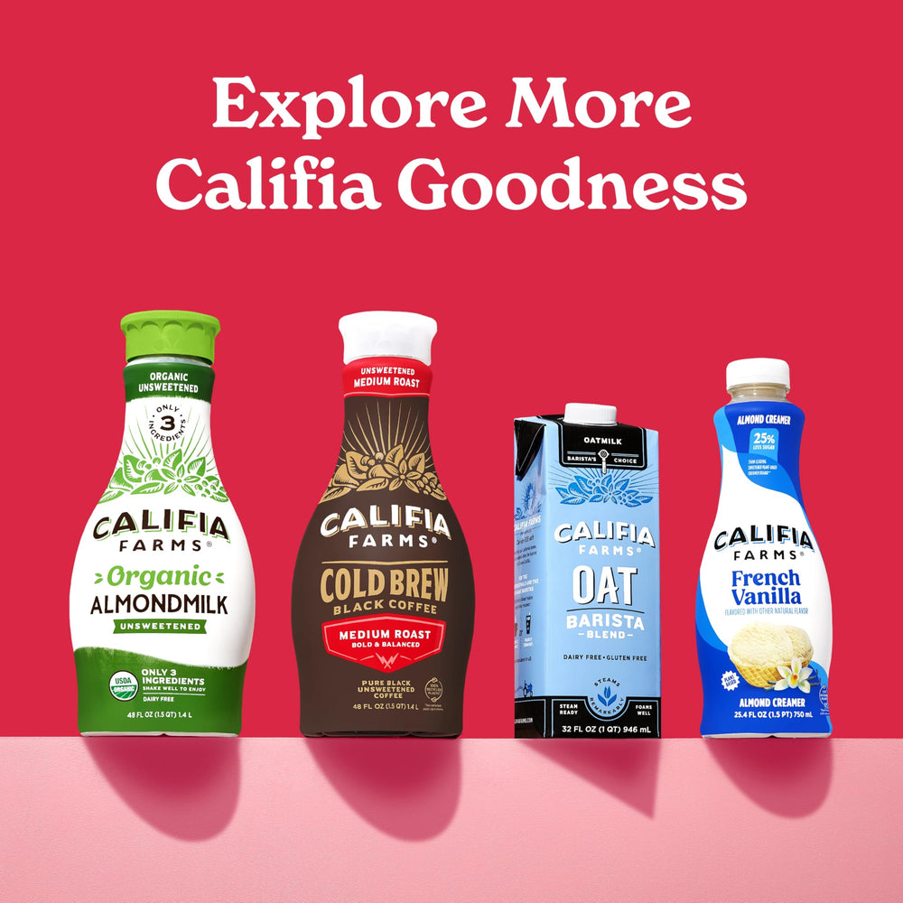 Fridge-ready Califia Farms Pure Black Cold Brew stored for quick caffeine boosts.