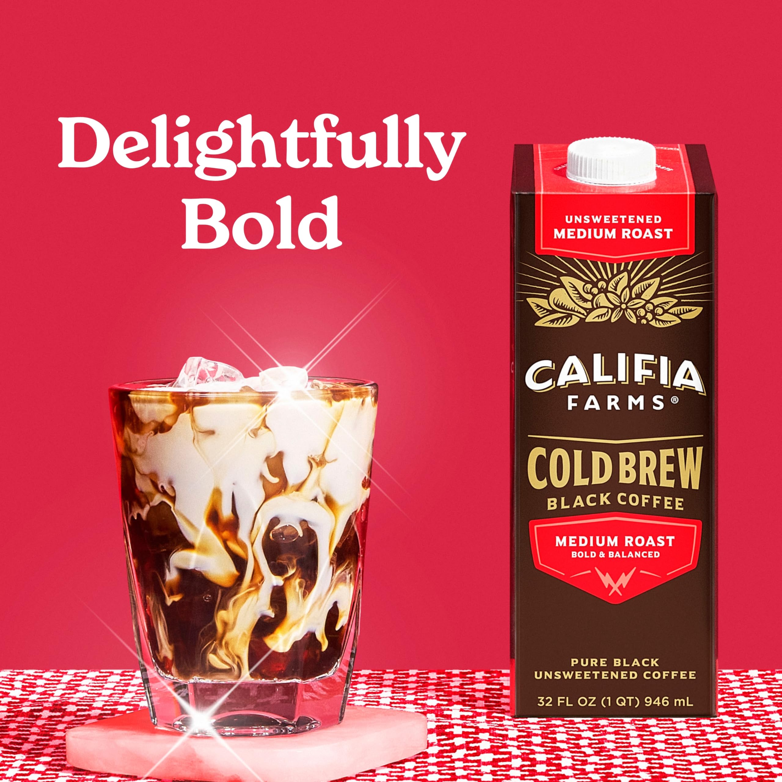 Close-up of Califia Farms Pure Black Cold Brew label highlighting 100% Arabica beans.