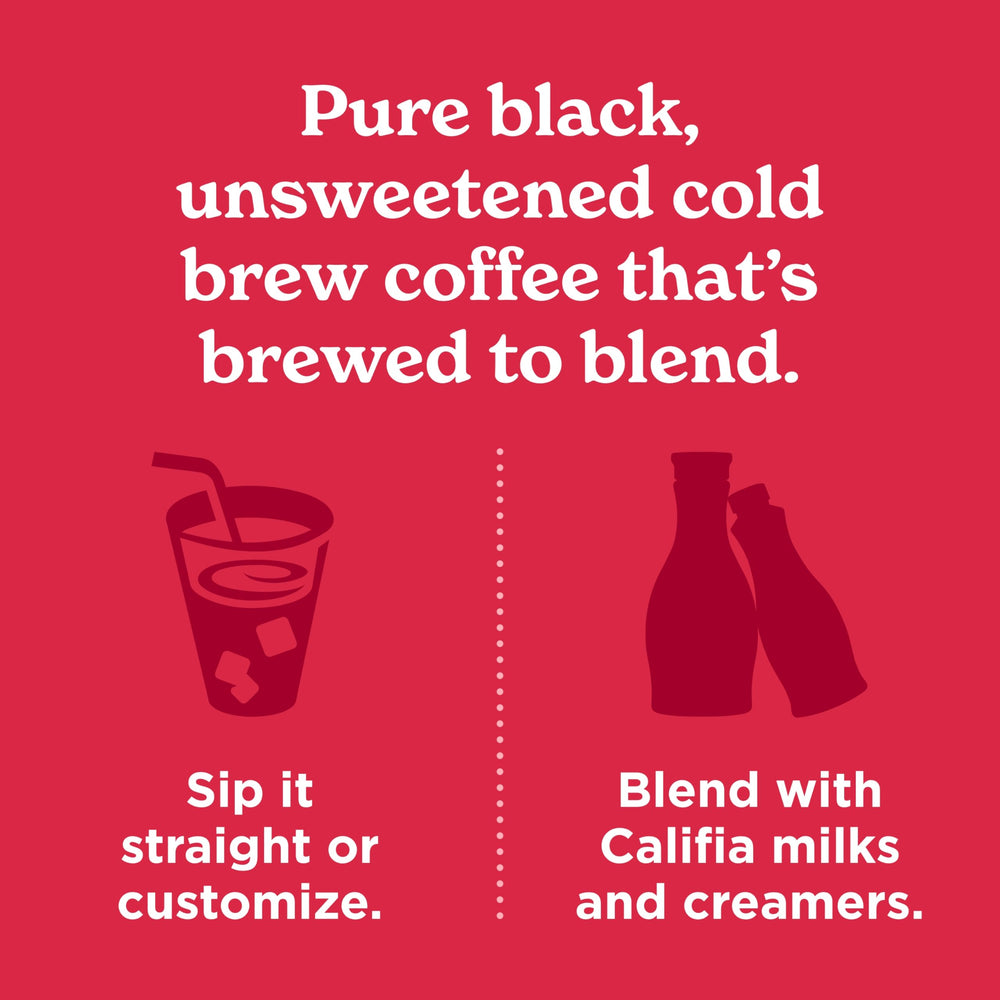 Seal on Califia Farms Pure Black Cold Brew packaging conveys shelf-stable convenience.