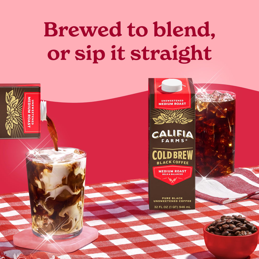 Six-pack display of Califia Farms Pure Black Cold Brew for home use.