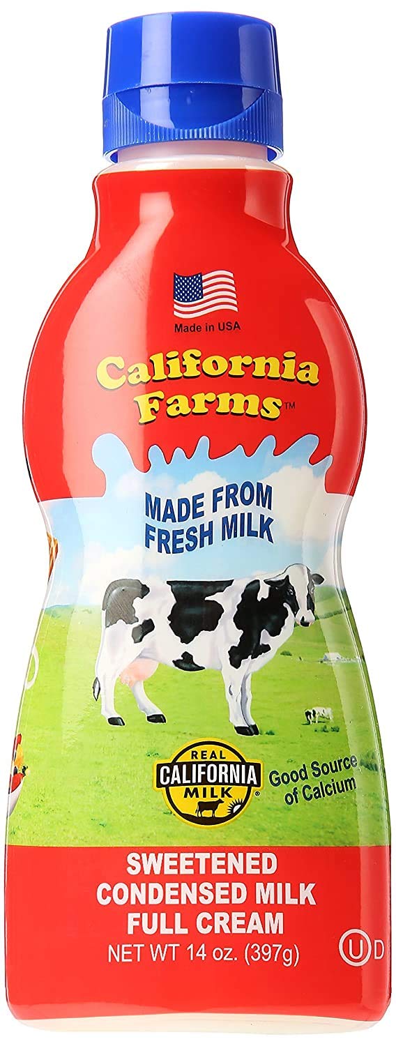 Califia Farms sweetened condensed milk full cream bottle front view, ideal for rich dessert toppings.