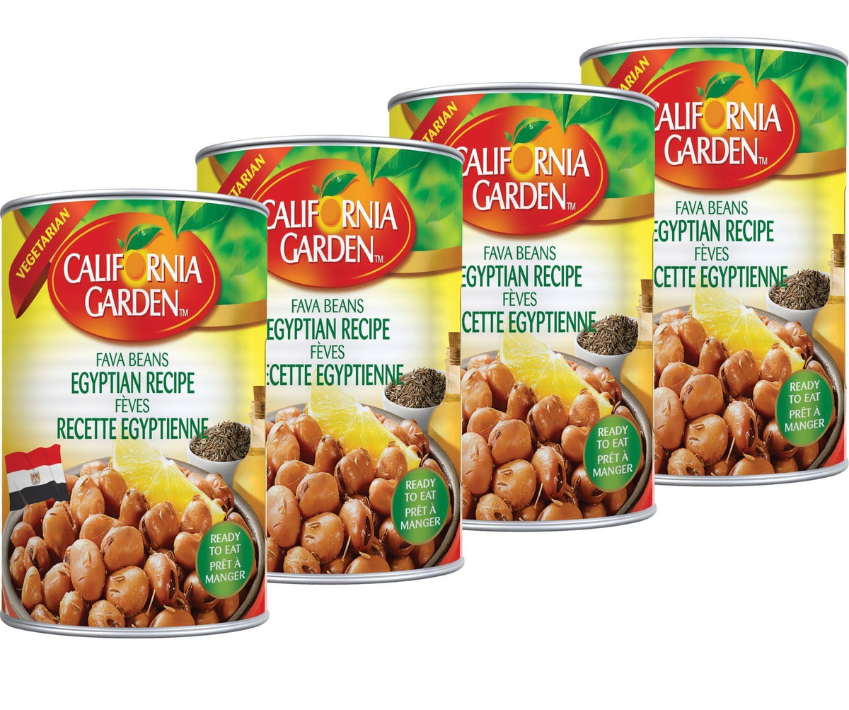 California Garden Egyptian Style Fava Beans four-pack packaging, ready to eat as a pantry staple.