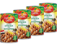 California Garden Egyptian Style Fava Beans four-pack packaging, ready to eat as a pantry staple.