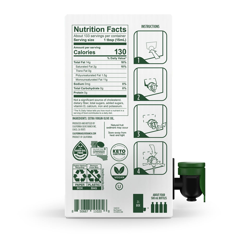 California Olive Ranch 2L bag-in-box angled view showcasing compact, space-saving design.