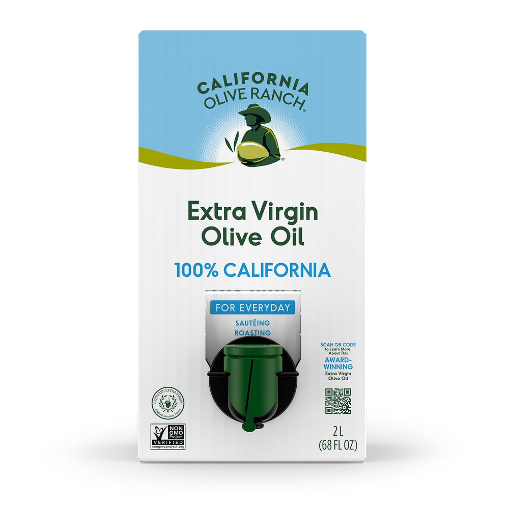 California Olive Ranch 2L bag-in-box front view highlighting eco-friendly packaging.