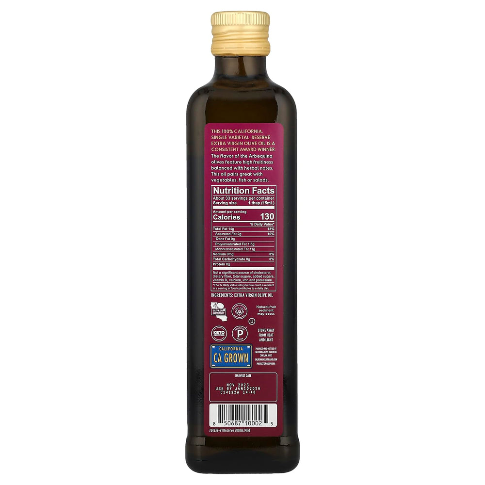 California Olive Ranch California Reserve Arbequina dressing bottle enhances greens with vibrant flavor.