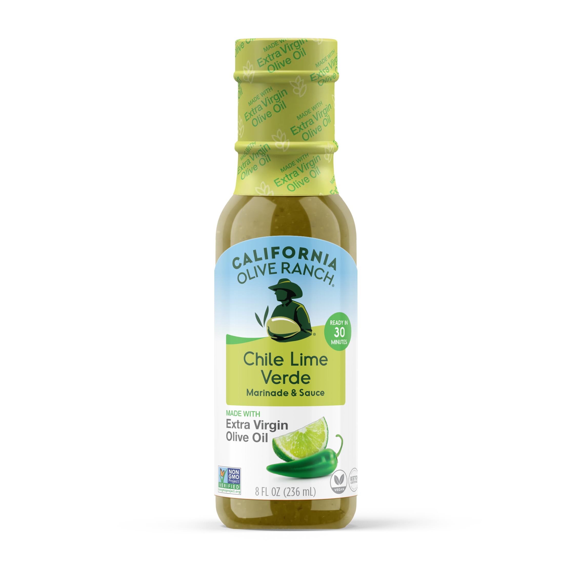 California Olive Ranch Chile Lime Verde Marinade bottle ready to glaze proteins