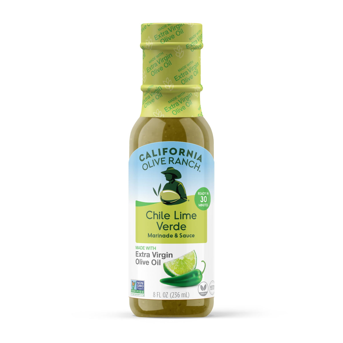 California Olive Ranch Chile Lime Verde Marinade bottle ready to glaze proteins