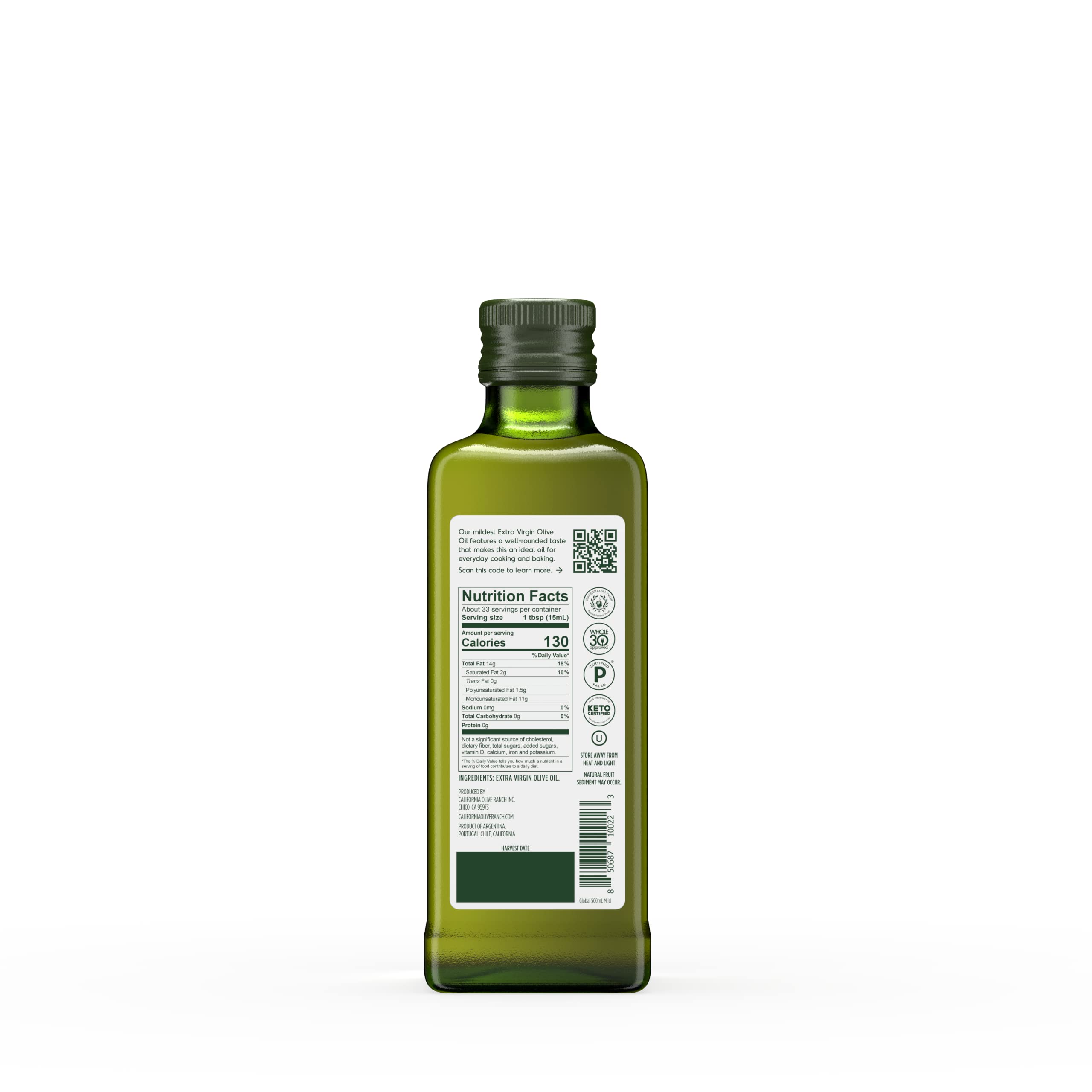 California Olive Ranch Global Blend label highlighting non-GMO and kosher certifications