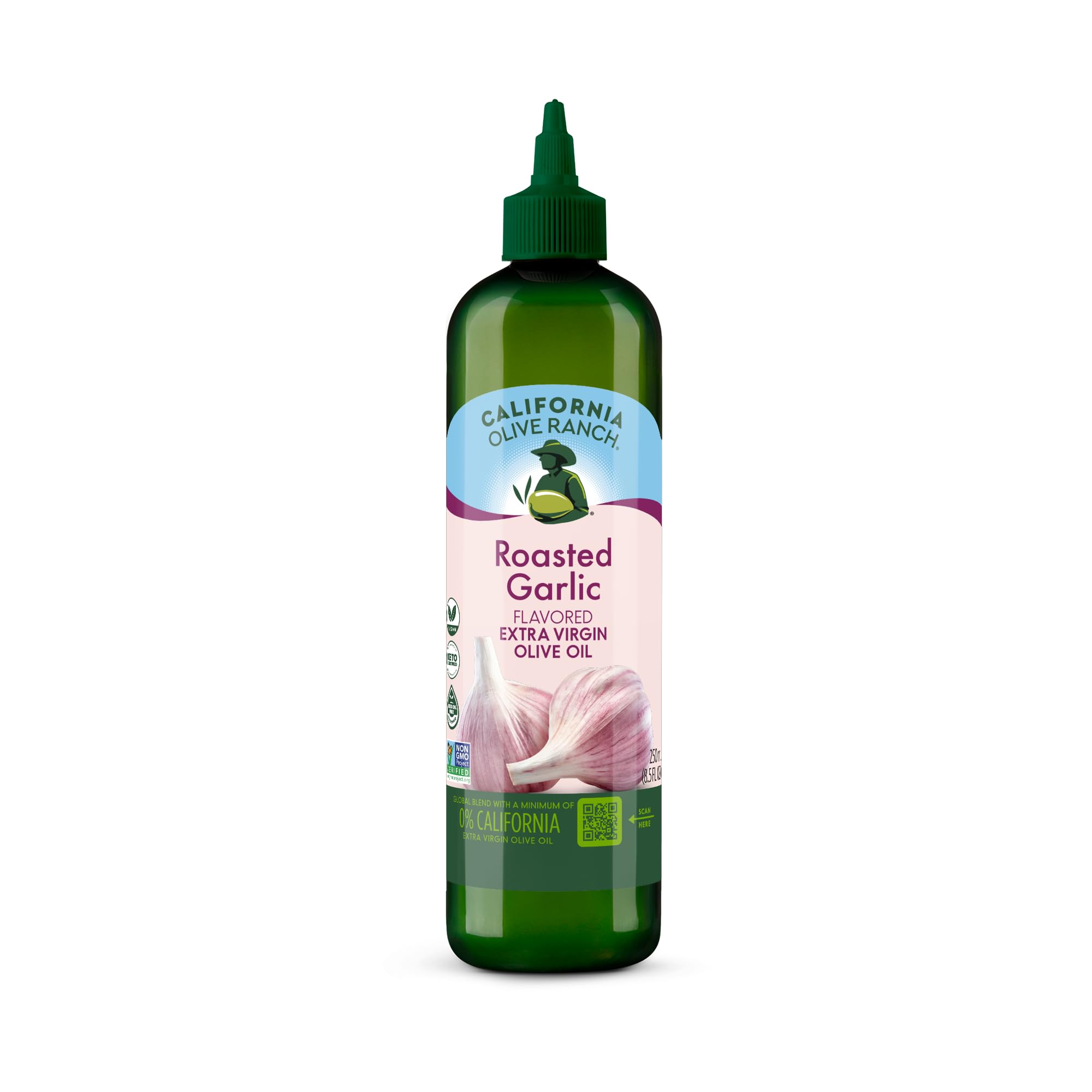 California Olive Ranch Roasted Garlic EVOO Chef's bottle front enhances dishes with rich aroma.
