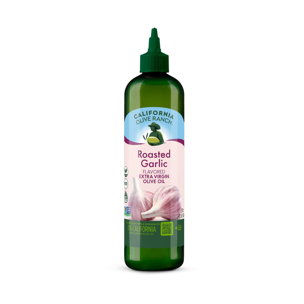 California Olive Ranch Roasted Garlic EVOO Chef's bottle front enhances dishes with rich aroma.