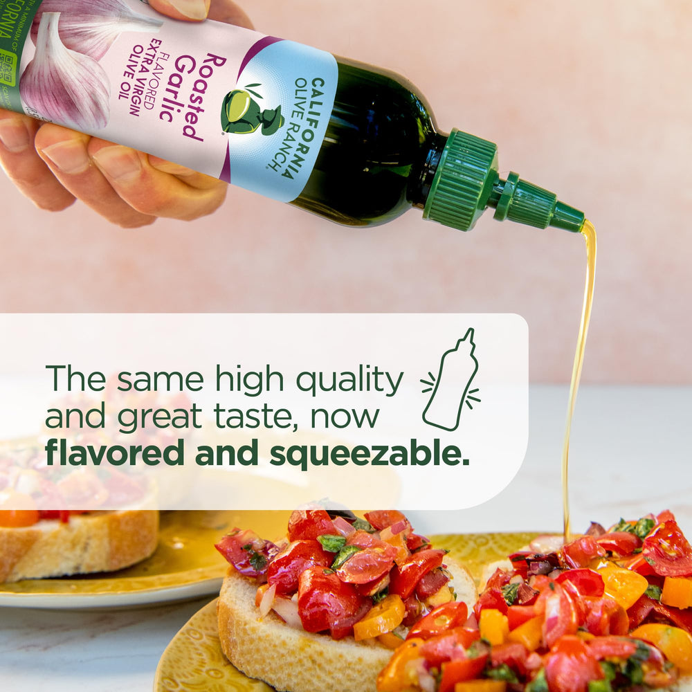 California Olive Ranch Roasted Garlic EVOO pour closeup highlights drizzle-friendly oil.