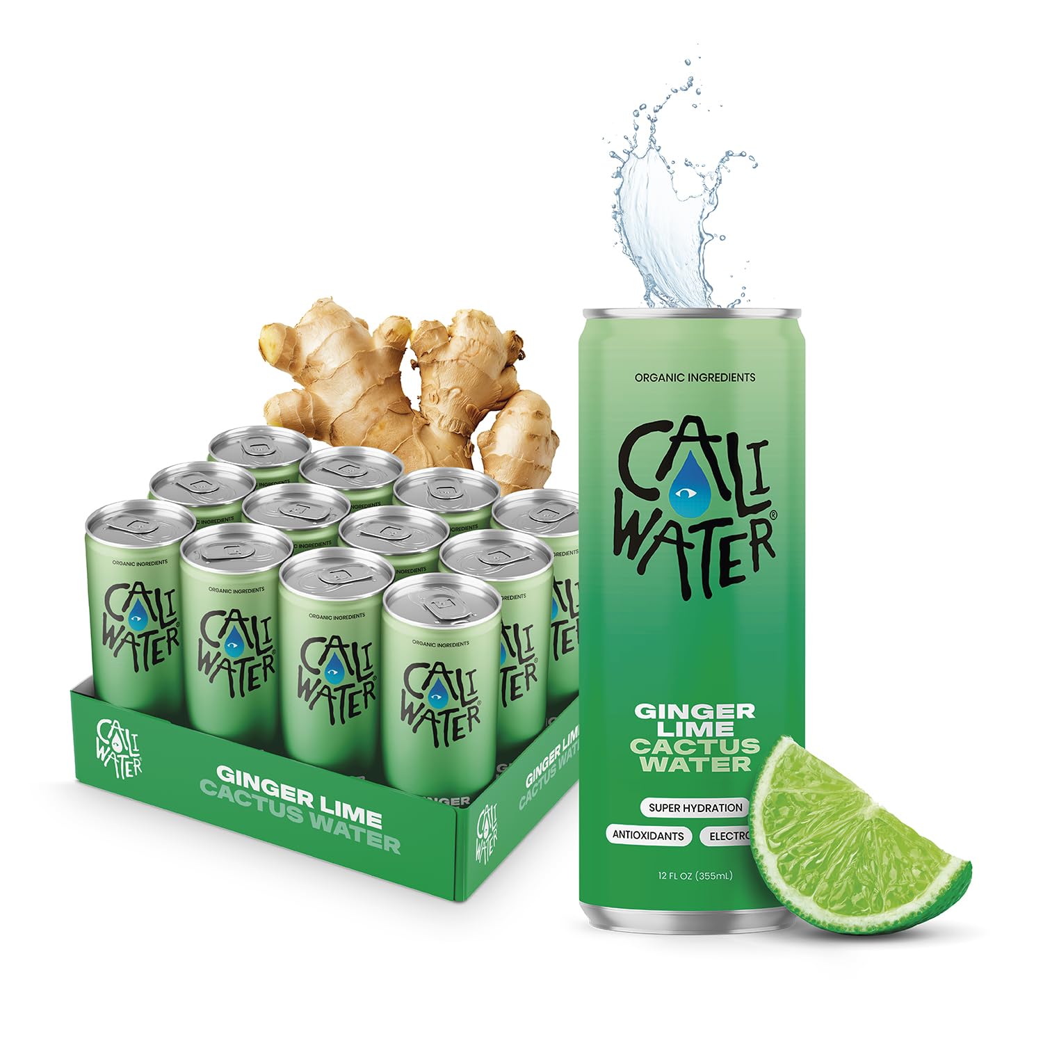 Caliwater ginger-lime bottle for on-the-go hydration with natural electrolytes.