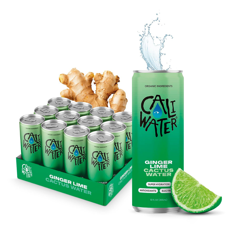 Caliwater ginger-lime bottle for on-the-go hydration with natural electrolytes.