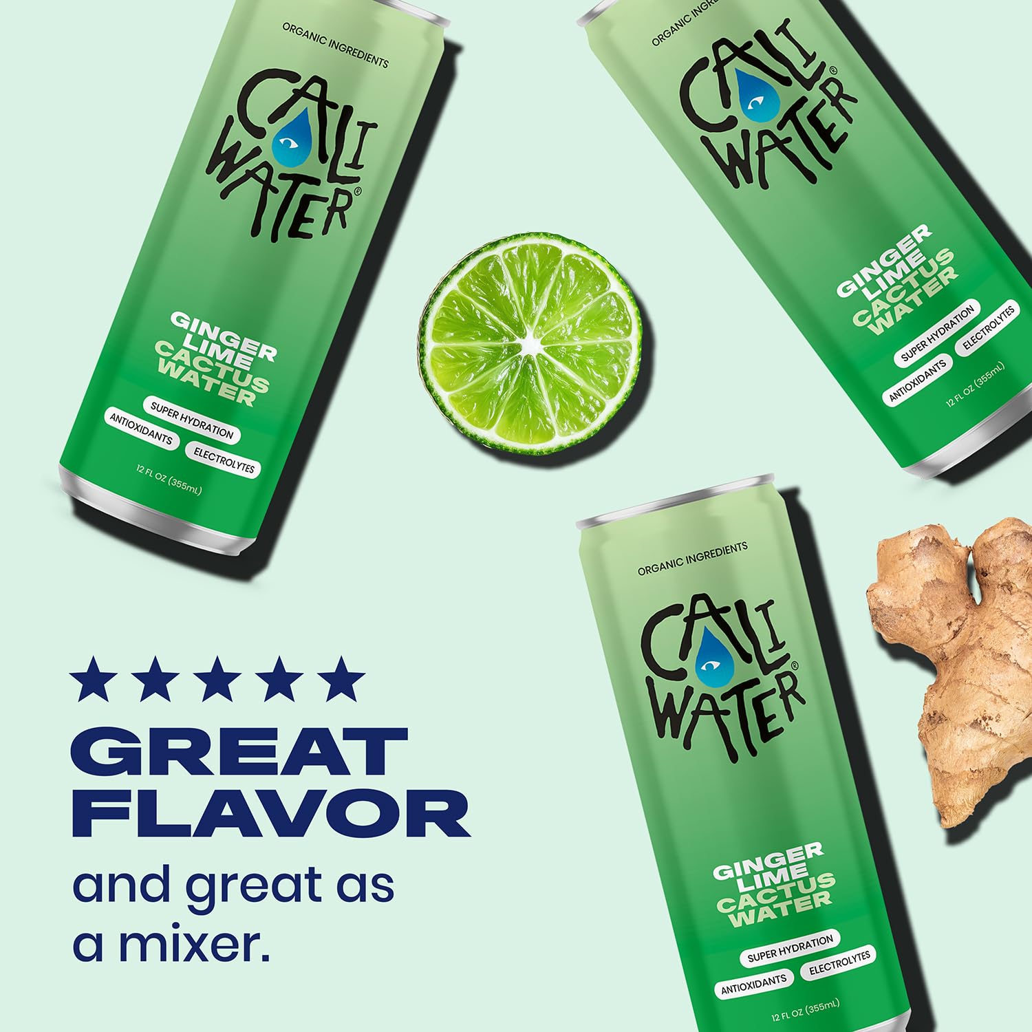 Caliwater organic cactus water label emphasizes plant-based hydration.
