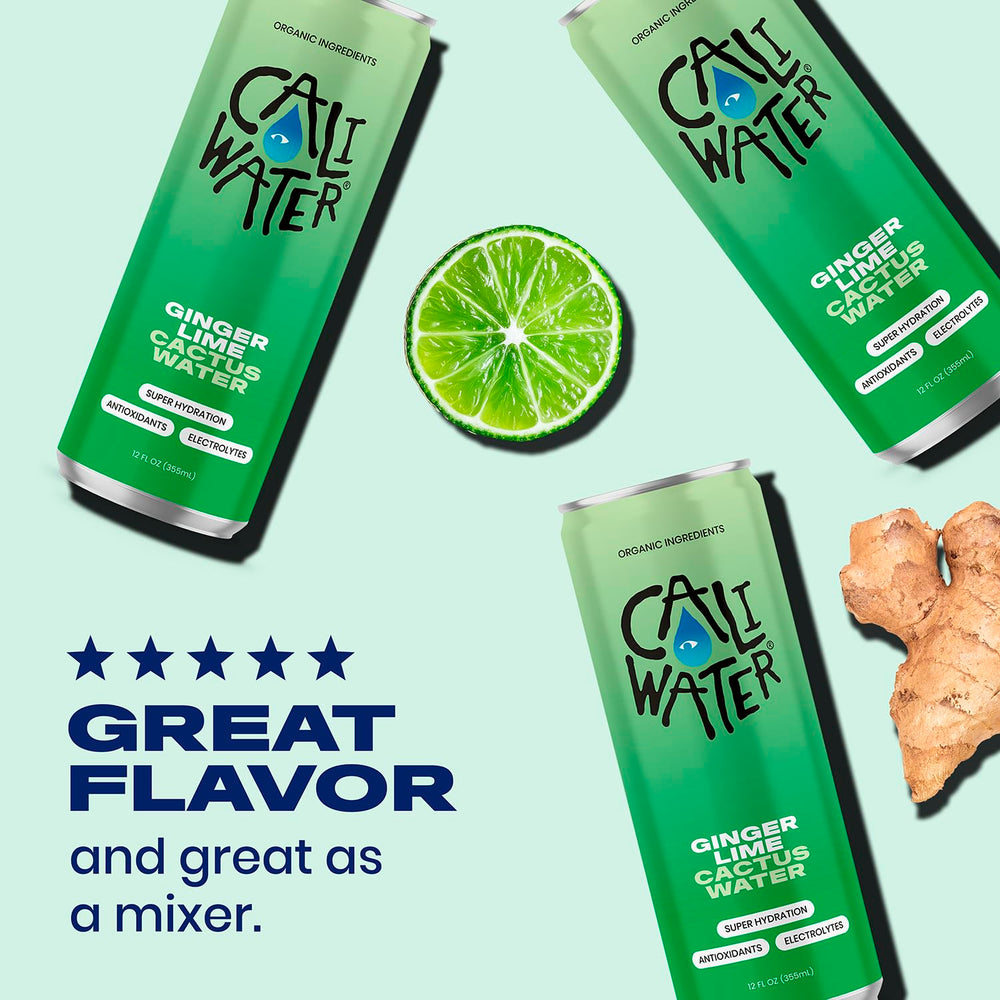 Caliwater organic cactus water label emphasizes plant-based hydration.