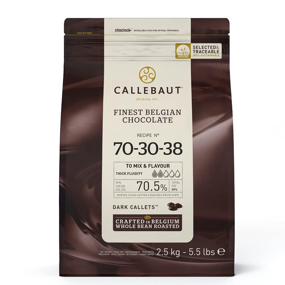 Callebaut 70% dark chocolate callets in a 2.5 kg bag, ready for versatile recipes.