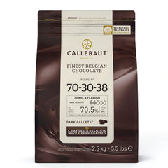 Callebaut 70% dark chocolate callets in a 2.5 kg bag, ready for versatile recipes.