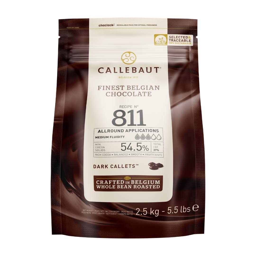 Callebaut Belgian dark couverture callets 54-5% melt evenly for rich chocolate chips.