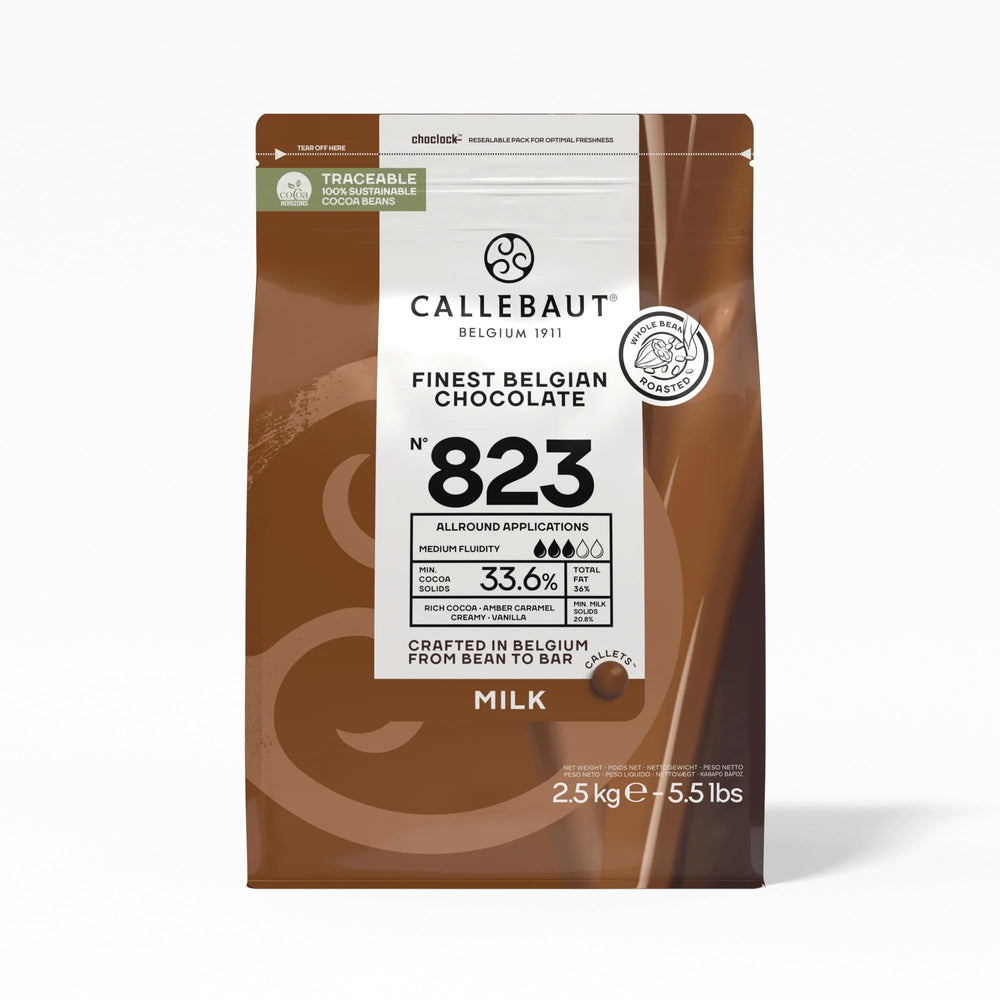 Callebaut Belgian milk chocolate callets bag front for smooth melting in bakes.