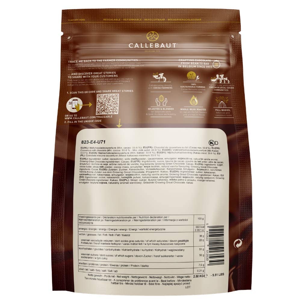 Callebaut Belgian milk chocolate chips closeup, glossy texture ideal for rich fillings.