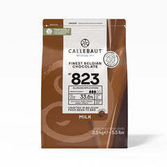 Callebaut Recipe No. 823 milk chocolate bar, smooth texture, ideal for professional desserts.