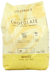 Callebaut W2 white chocolate callets in a 5.5 lb bag for baking.