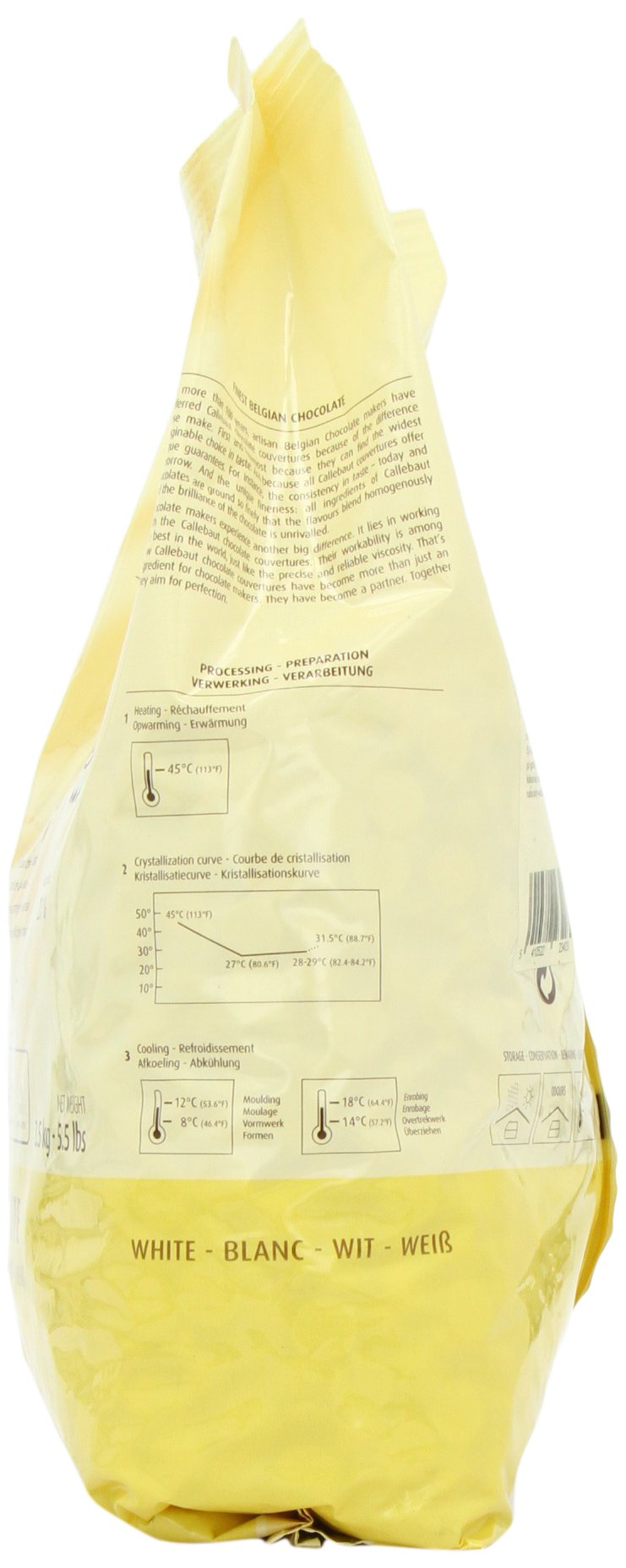 Close-up of Callebaut W2 white chocolate callets showing smooth texture.