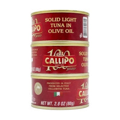 Callipo tuna in olive oil labeled can on shelf signals premium Italian quality.