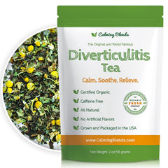 Calming Blends Diverticulitis Tea cup steaming for caffeine-free relaxation after meals.