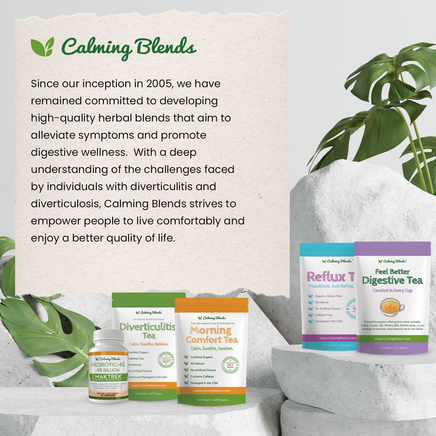 Calming Blends Diverticulitis Tea kitchen-scene setup for a relaxing routine.