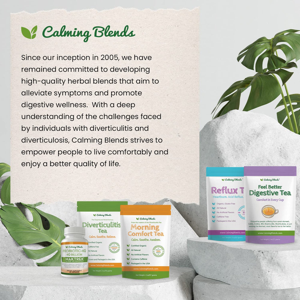 Calming Blends Diverticulitis Tea kitchen-scene setup for a relaxing routine.