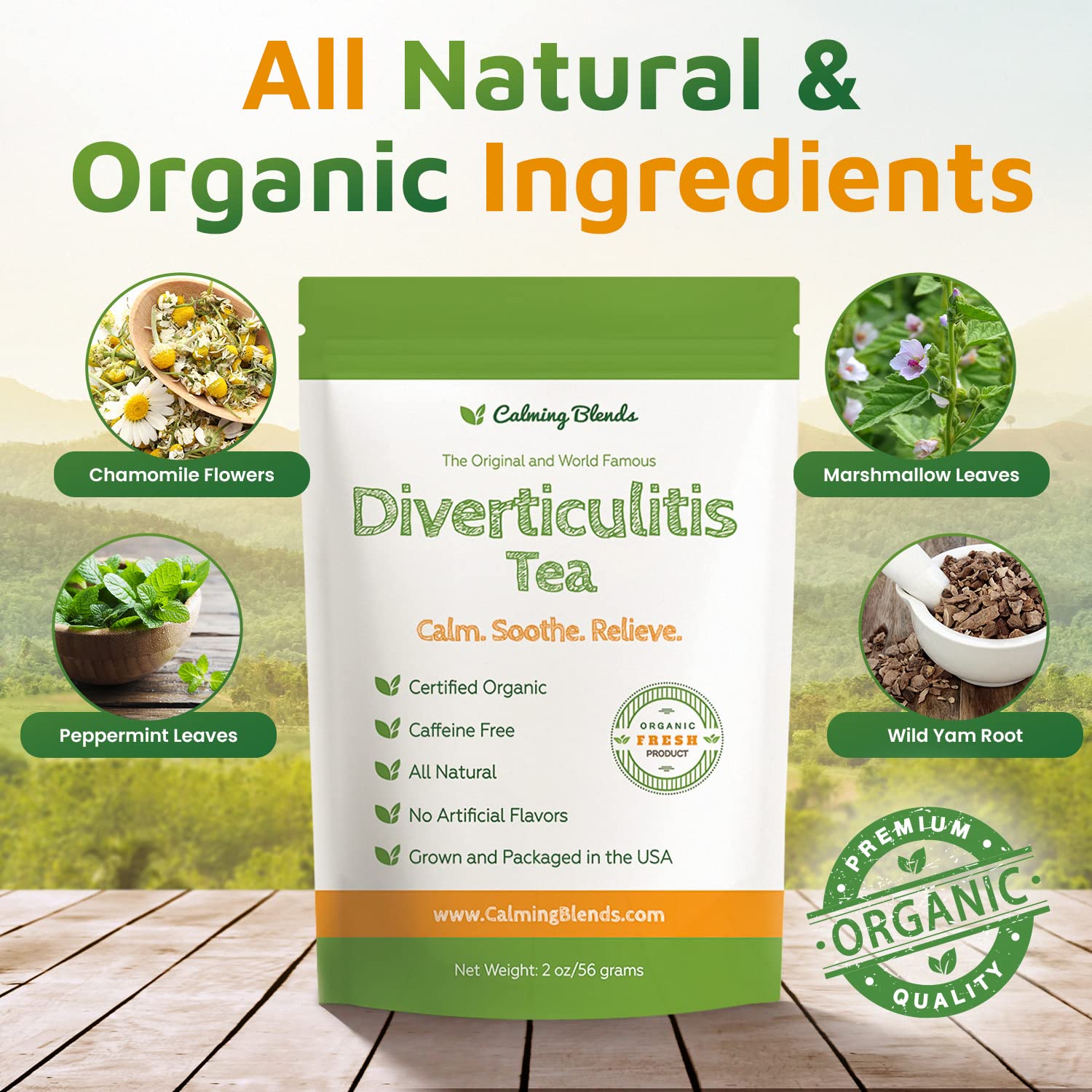 Calming Blends Diverticulitis Tea resealable pouch for freshness and daily ritual.