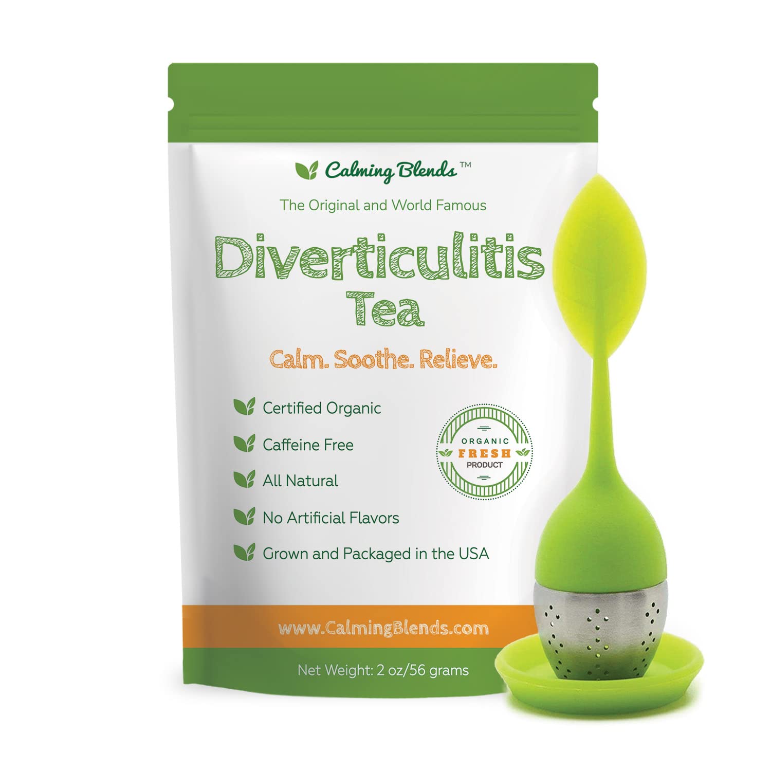 CALMING BLENDS Diverticulitis Tea with infuser for easy, caffeine-free relaxation.