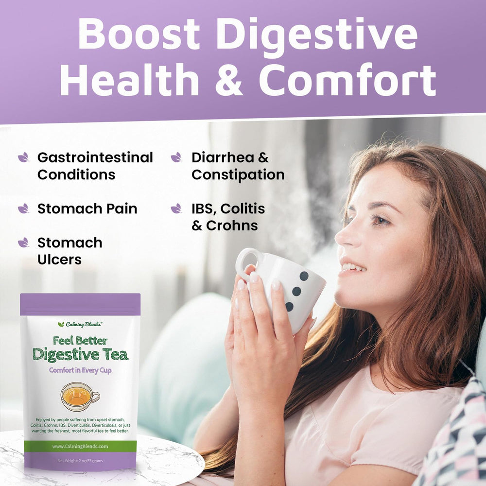 Calming Blends Feel Better Digestive Tea brewed cup ready for daily rituals.