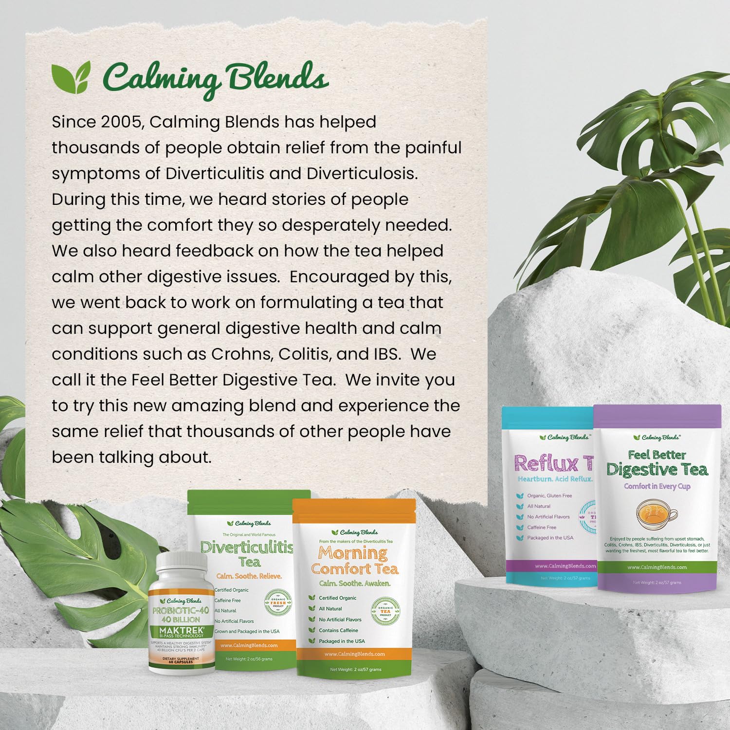 Calming Blends Feel Better Digestive Tea includes chamomile and peppermint for soothing moments.