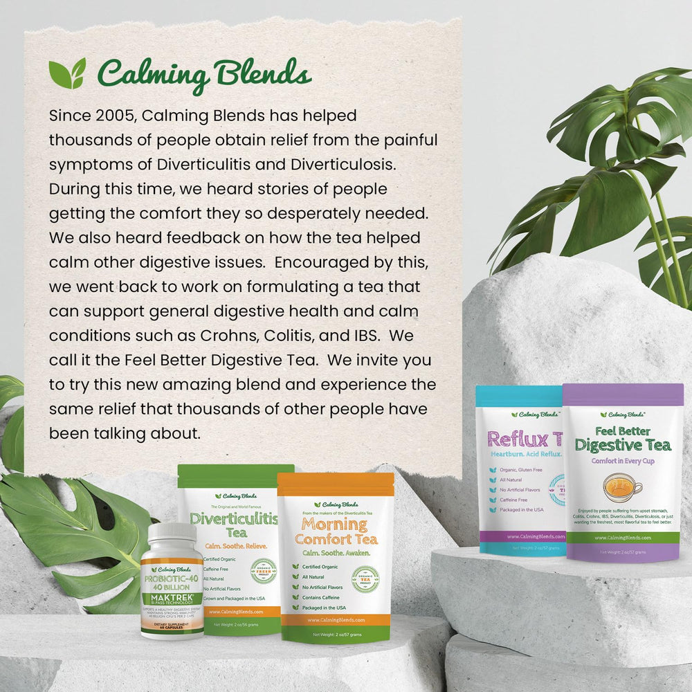 Calming Blends Feel Better Digestive Tea includes chamomile and peppermint for soothing moments.