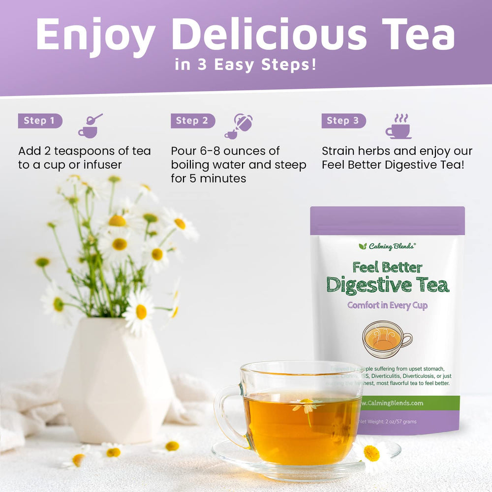 Calming Blends Feel Better Digestive Tea loose-leaf quality delivering fresher flavor.
